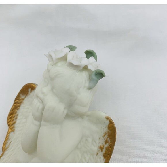 Vtg Cherub Angels 2 Candlestick Holders Ceramic Ivory Bisque 3" w/ Floral Crown - Picture 9 of 12